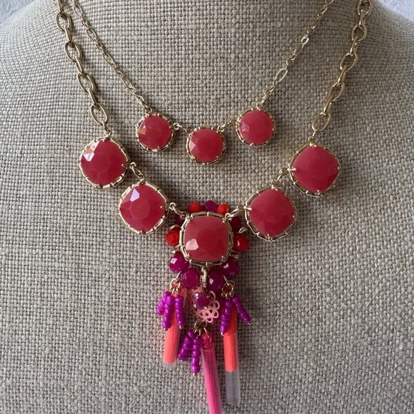 Lilly Pulitzer Goldtone Red Pink Bead Tassel Statement Necklace Earring SET NEW - Picture 3 of 14